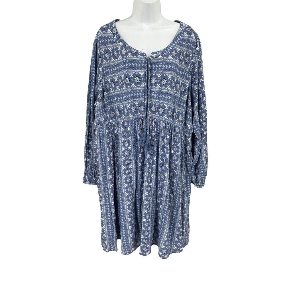 Torrid Dress Womens 2x Blue Boho Medallion Paisley Tassel Babydoll Festival Mini